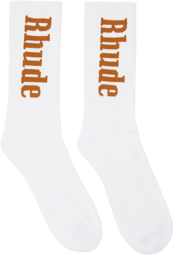 Photo: Rhude White & Orange Vertical Logo Socks