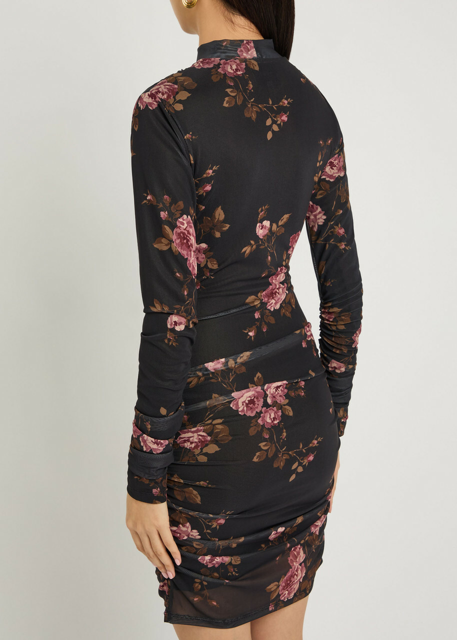 Reformation Emerson Floral-print Ruched Mesh Mini Dress Black