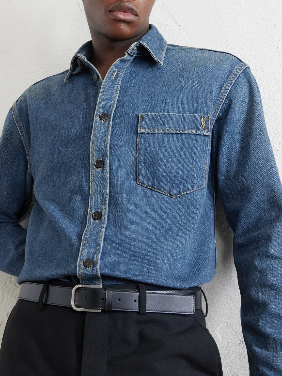 SAINT LAURENT - Logo-Embroidered Denim Shirt - Blue