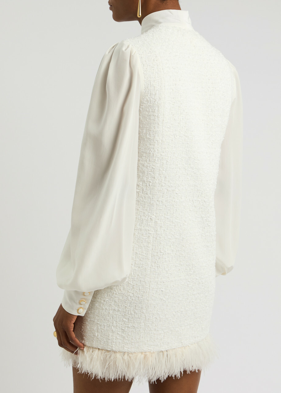 Balmain Feather-trimmed Silk and Tweed Mini Dress White Balmain