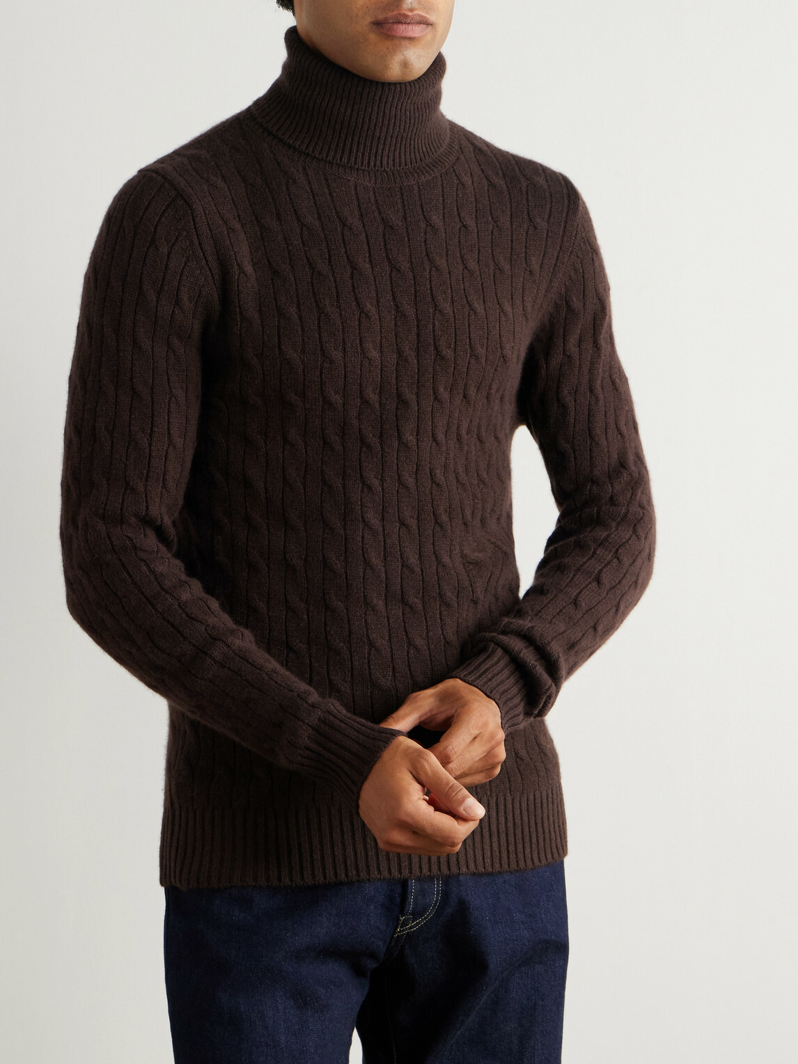 Allude - Slim-Fit Cable-Knit Cashmere-Blend Rollneck Sweater - Brown