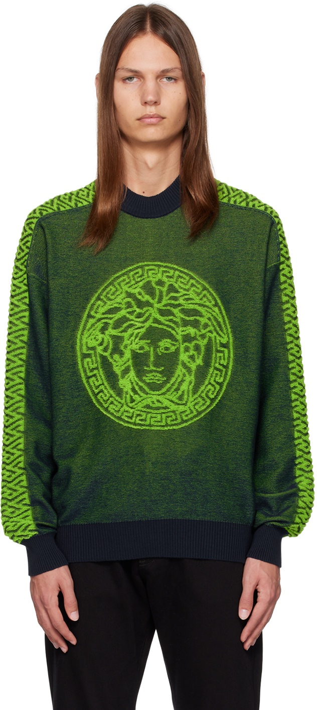Versace Green & Navy La Greca Medusa Sweater Versace