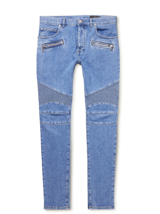 Photo: Balmain - Skinny-Fit Panelled Ribbed Jeans - Blue