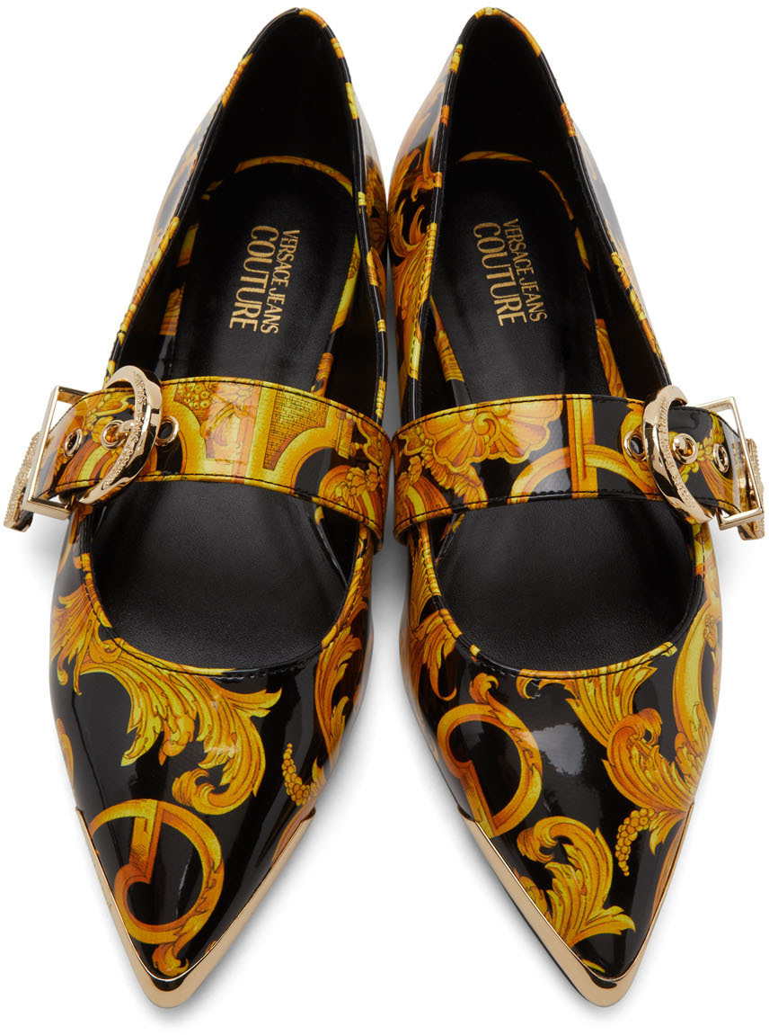 Versace Jeans Couture Black & Yellow Baroque Audrey Ballerina Flats Versace