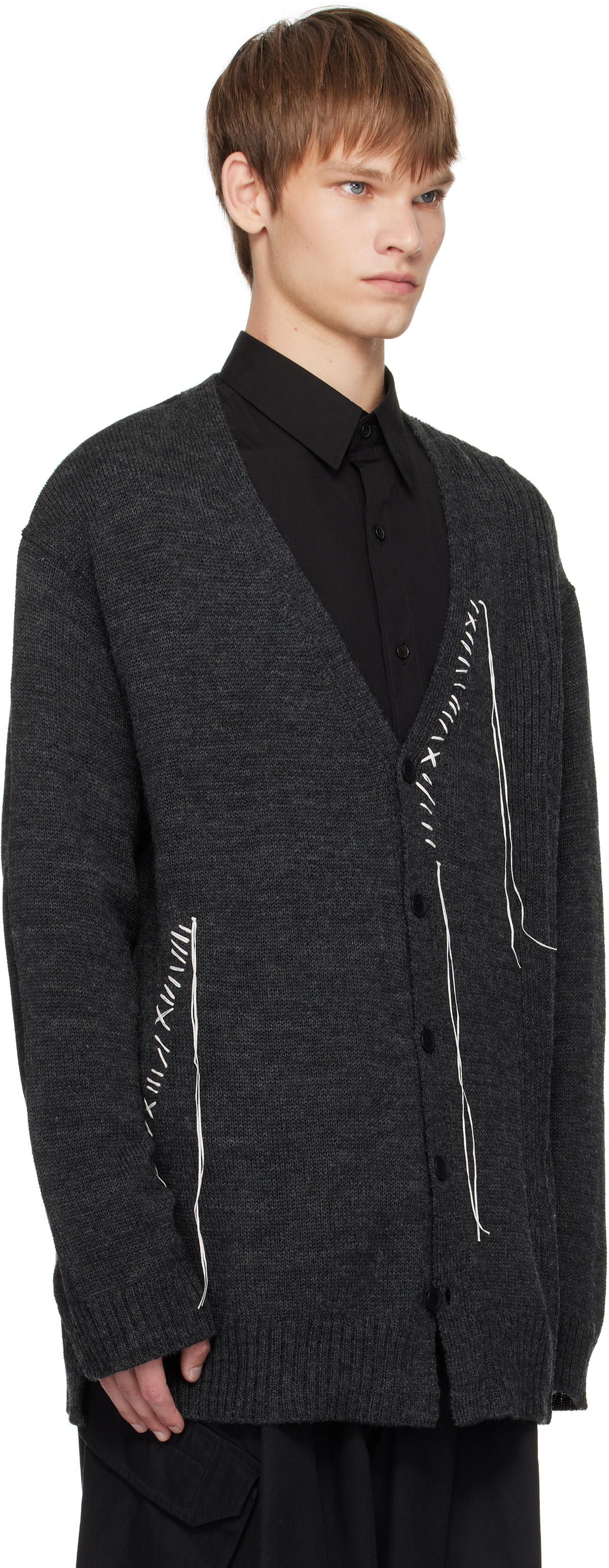YOHJI YAMAMOTO Gray Plain Stitch Embroidery V Neck Cardigan