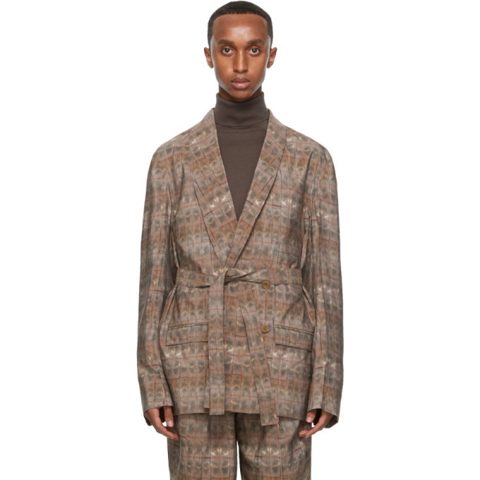 Photo: Lemaire Pink Silk Brick Print Double-Breasted Belted Blazer