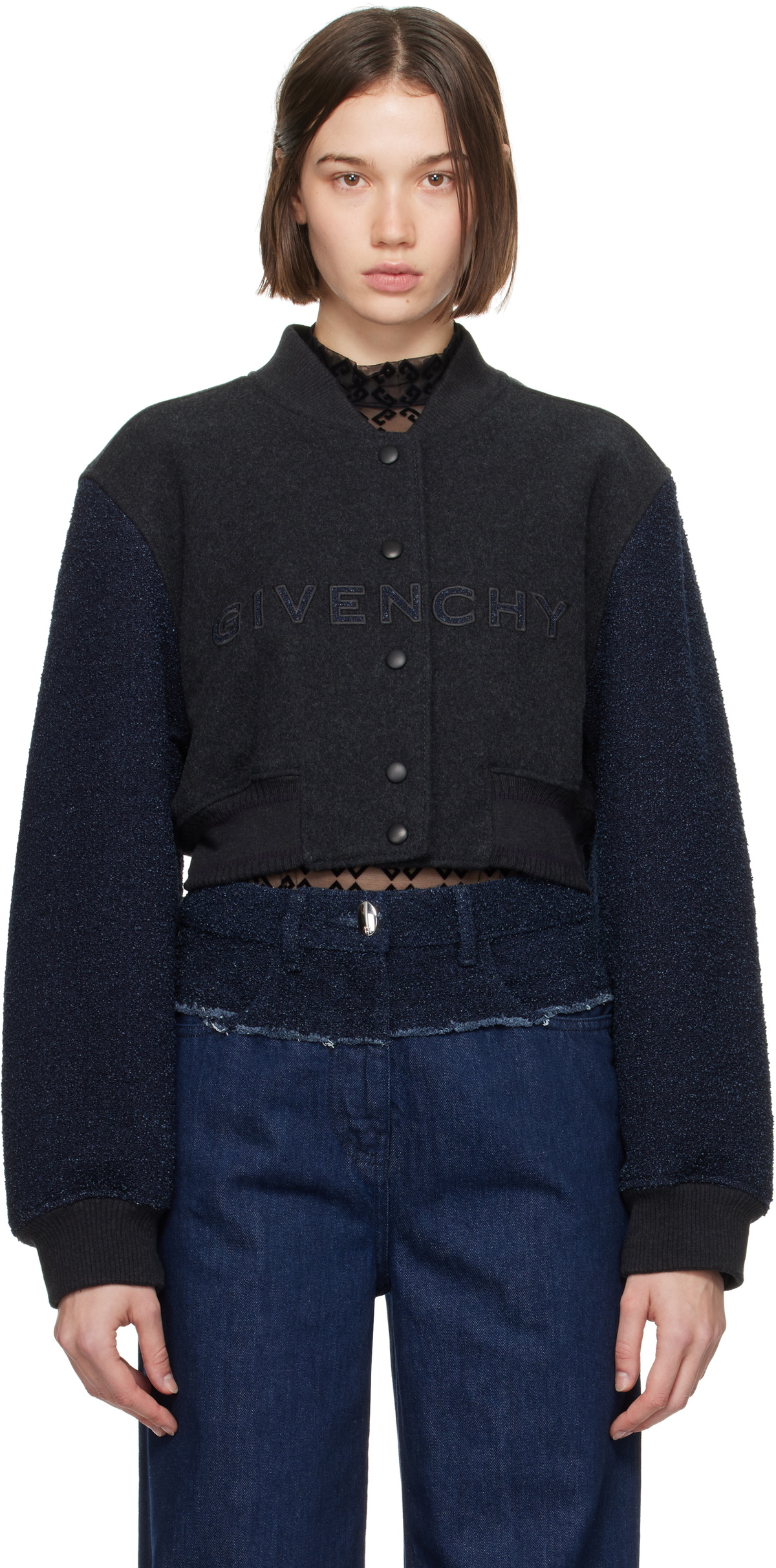 Givenchy Navy & Gray Cropped Varsity Bomber Jacket