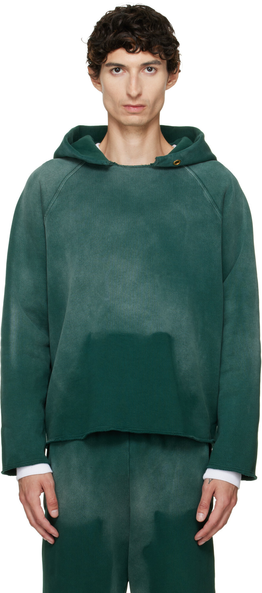 Les Tien Green Heavyweight Raw Raglan Hoodie
