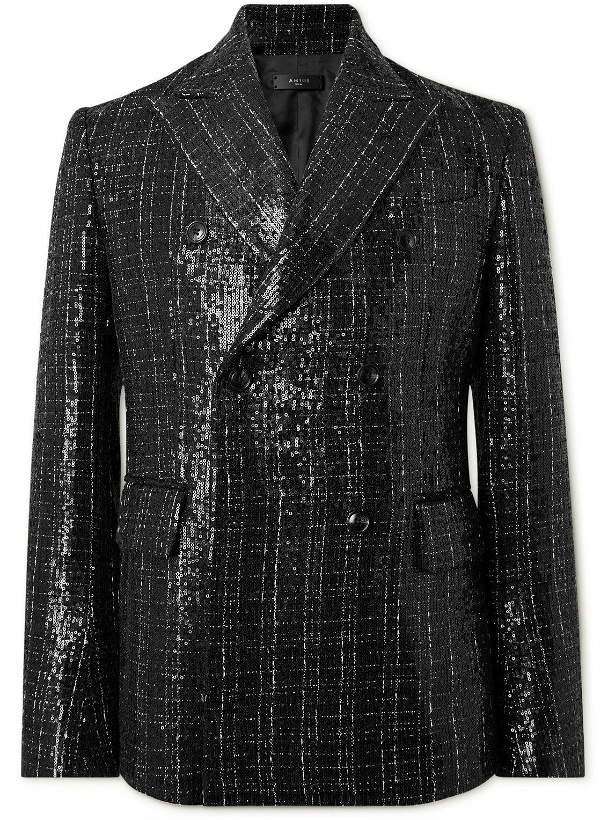 Photo: AMIRI - Double-Breasted Checked Sequinned Bouclé Blazer - Black