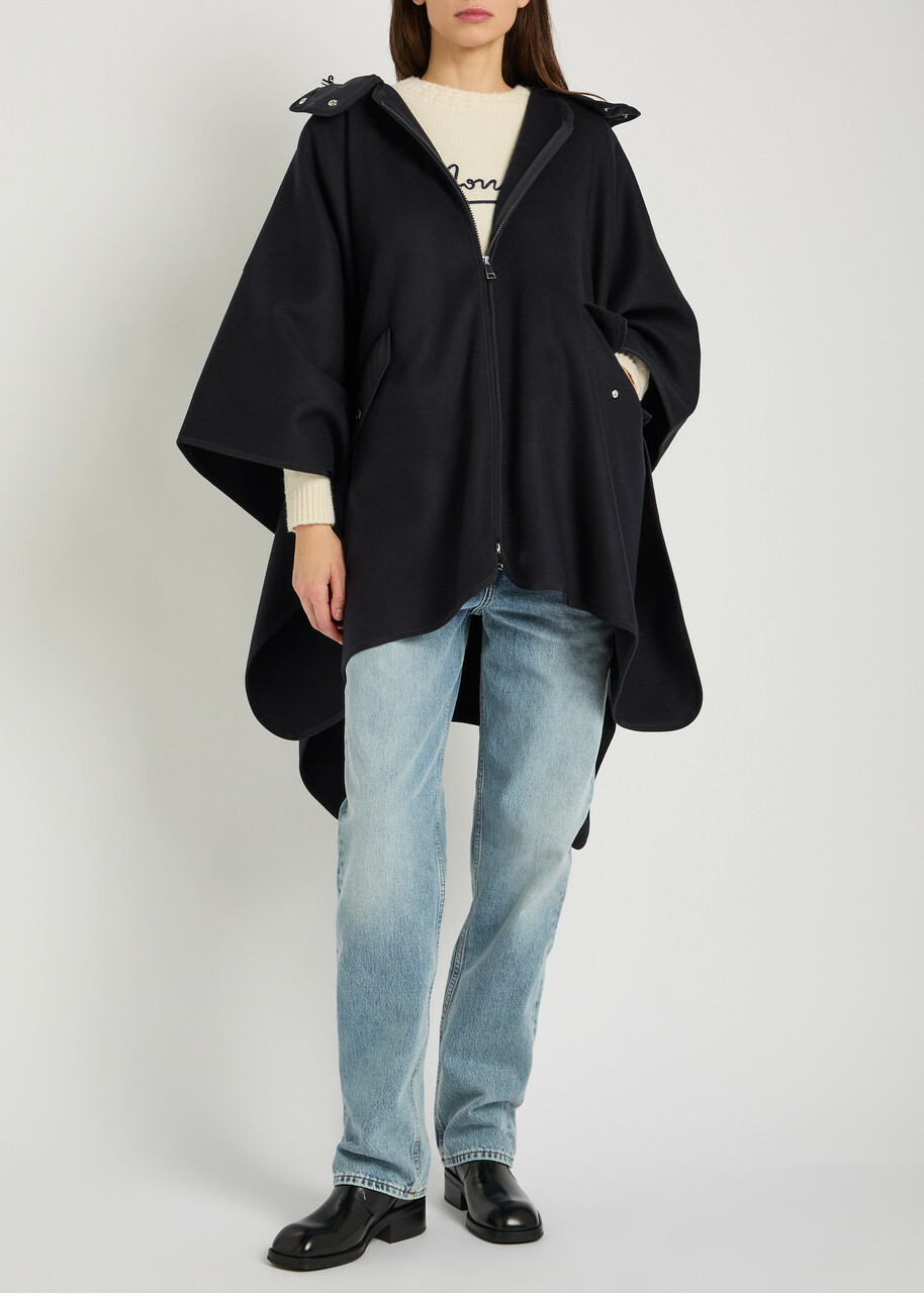 Moncler Hooded Shell and Wool-blend Cape Coat - Black - One Size
