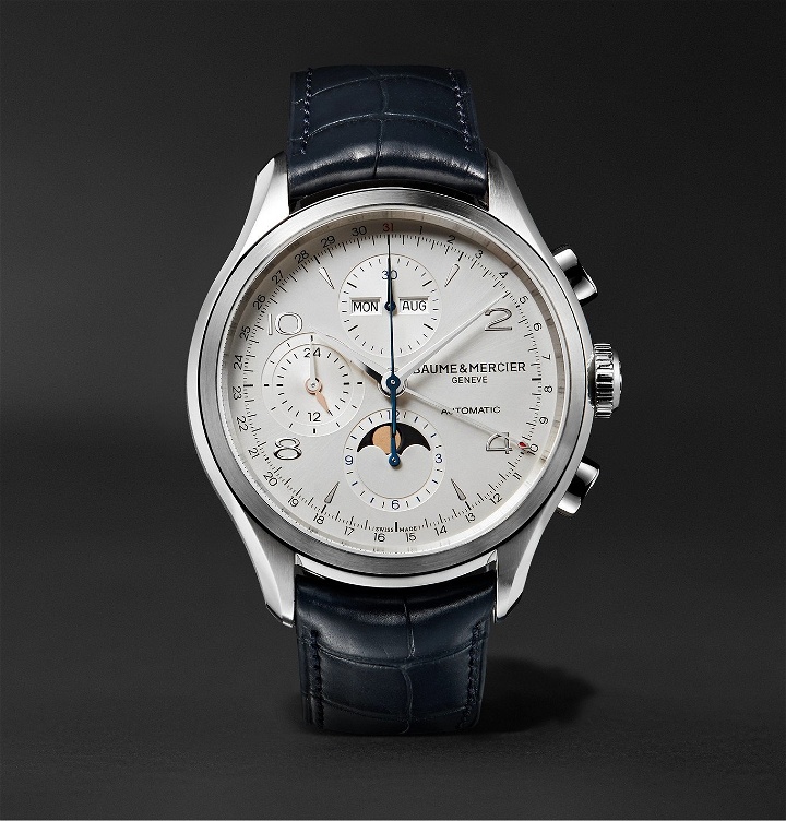 Photo: Baume & Mercier - Clifton Automatic Calendar Moon-Phase Chronograph 43mm Stainless Steel and Alligator Watch, Ref. No. 10408 - White