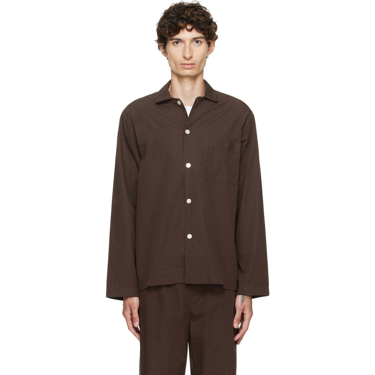 Tekla Brown Poplin Long-Sleeved Pyjama Shirt