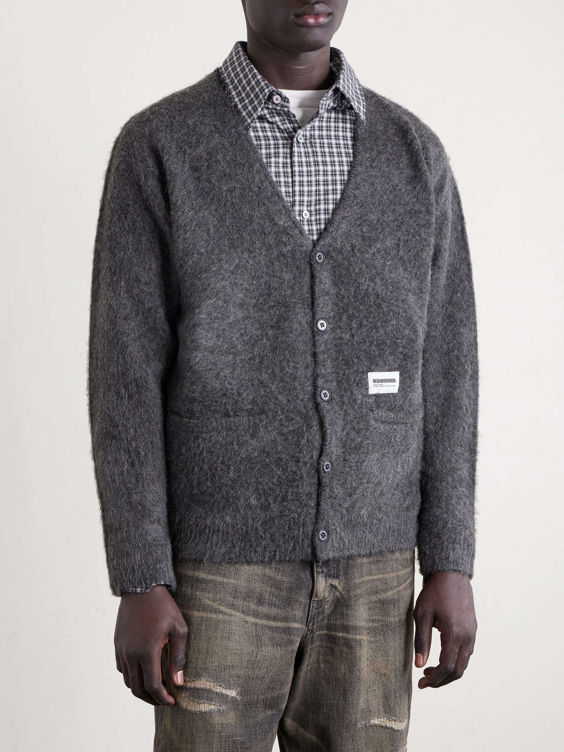 Neighborhood - Logo-Appliquéd Brushed Cardigan - Gray