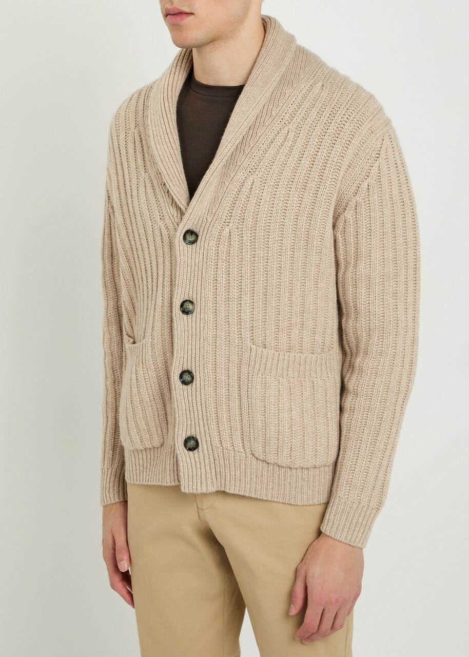 Allude Ribbed Wool and Cashmere-blend Cardigan Beige