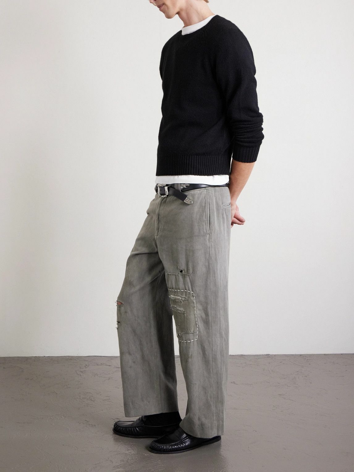 Enfants Riches Déprimés - Soso's Cropped Distressed Cotton and Linen-Blend Trousers - Gray