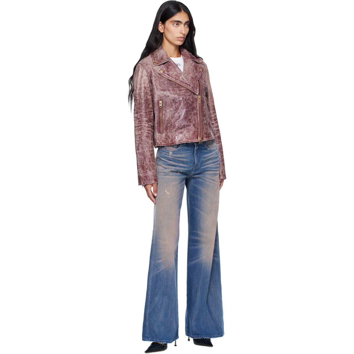 Diesel Pink Treated Leather Biker Jacket