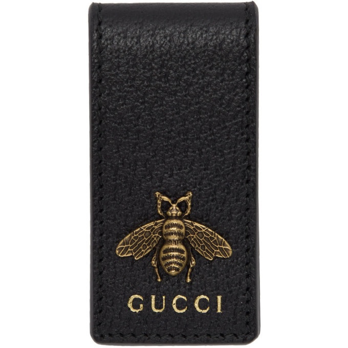 Authentic GUCCI Money Bill Clip Gold Bee Black Leather Made In Italy with  Case