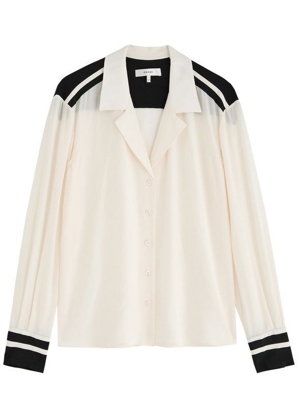 Photo: Frame Stripe-trim Silk Shirt Cream