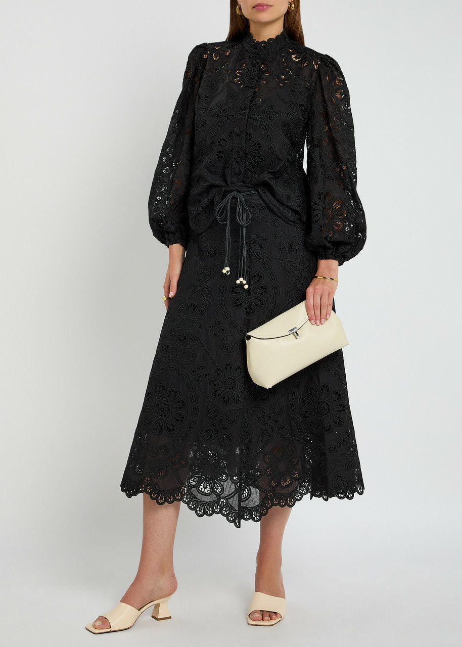 Zimmermann Rhiannon Embroidered Cotton Midi Skirt Black Zimmermann