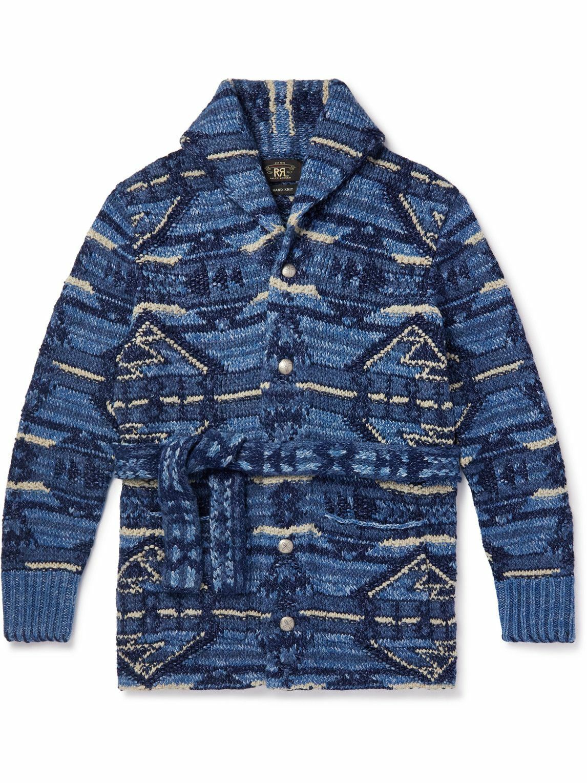 RRL Belted Intarsia Cotton, Linen and WoolBlend Cardigan Blue RRL