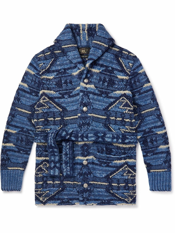 Photo: RRL - Belted Intarsia Cotton, Linen and Wool-Blend Cardigan - Blue