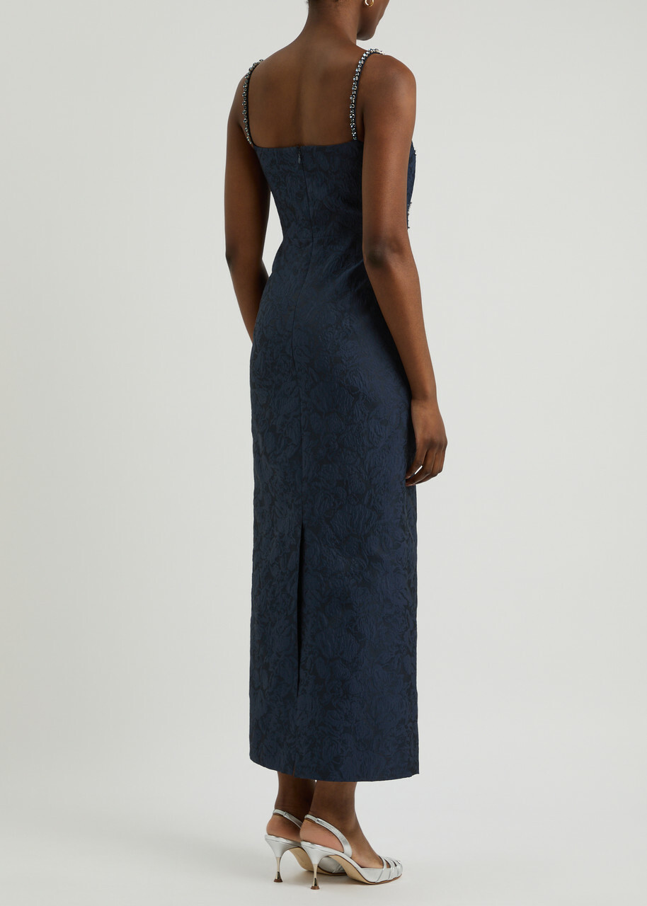 Huishan Zhang Astra Embellished Cloqué Maxi Dress Navy