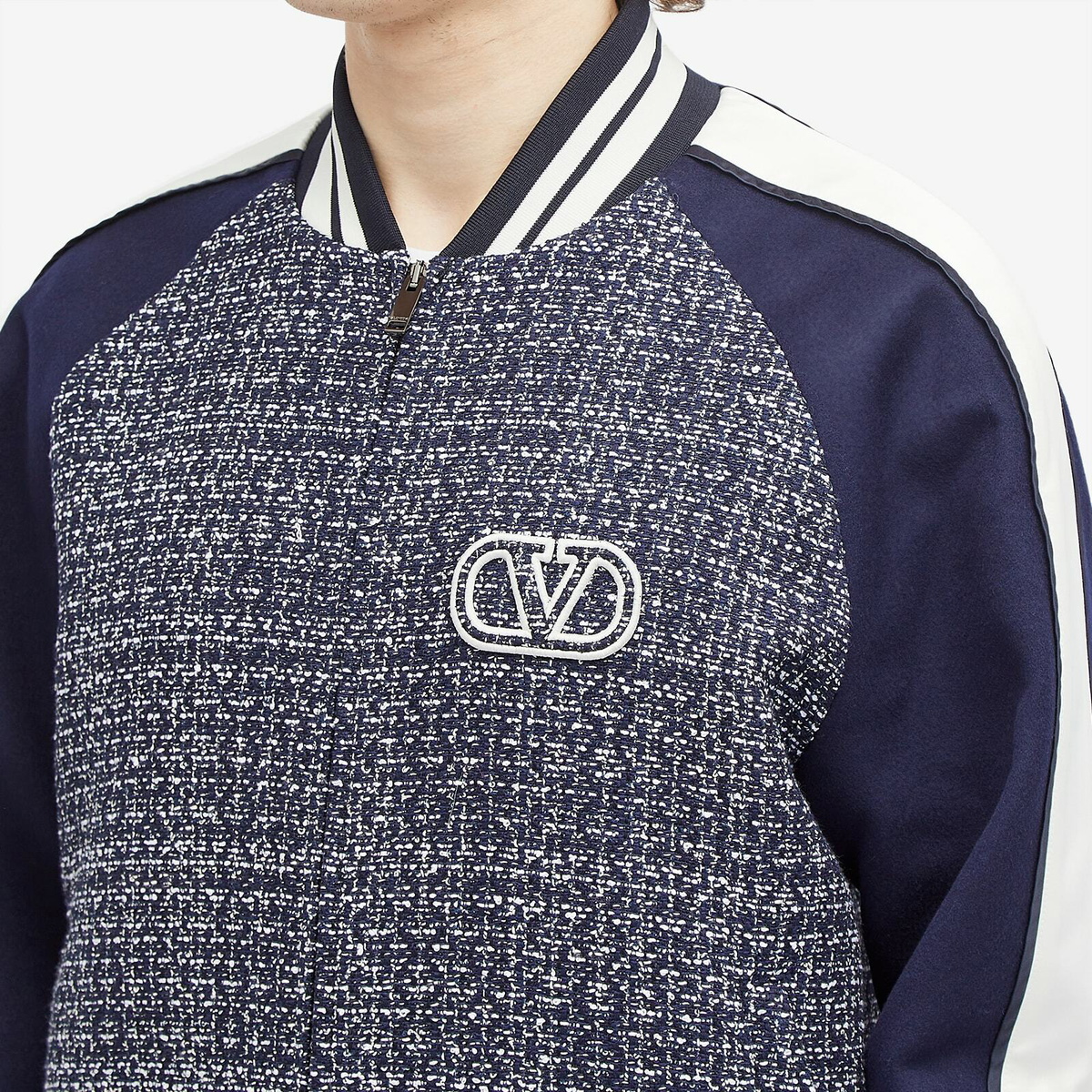 Valentino Men's Signature Wool Bomber Jacket in Blue/White/Navy