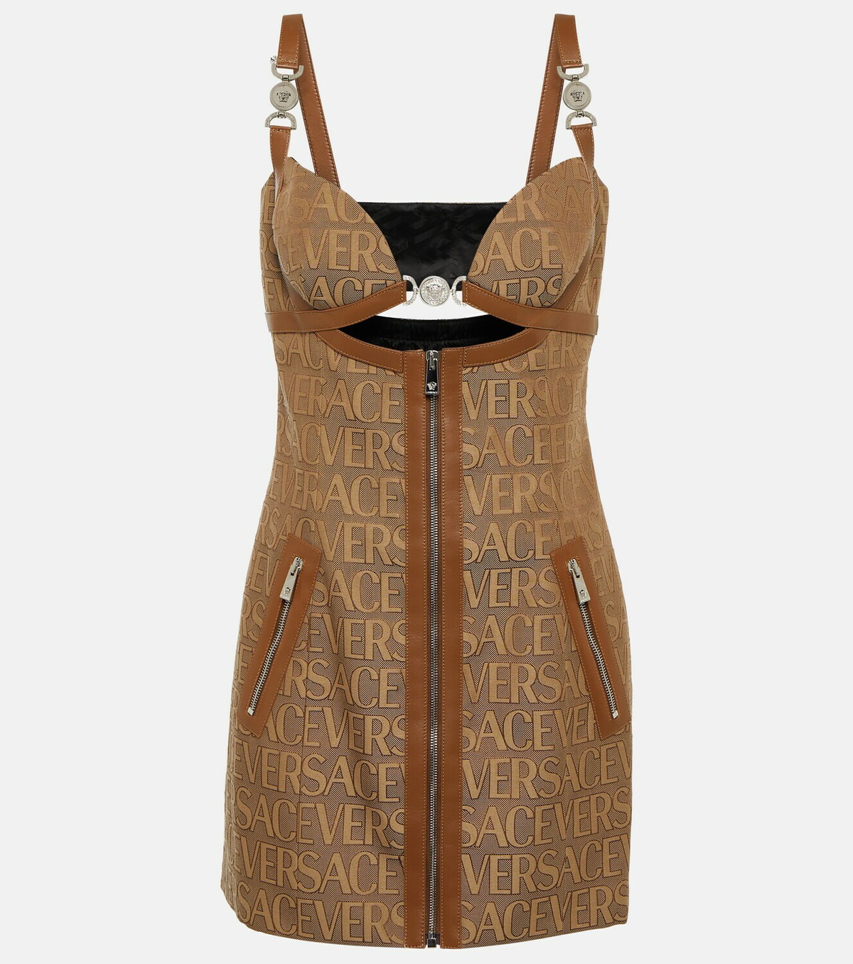 Versace Versace Allover leather-trimmed cutout minidress Versace