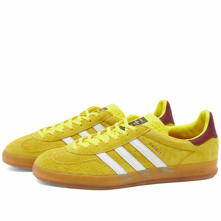 Photo: Adidas Men's Gazelle Indoor Sneakers in Bright Yellow/White/Collegiate Burgundy