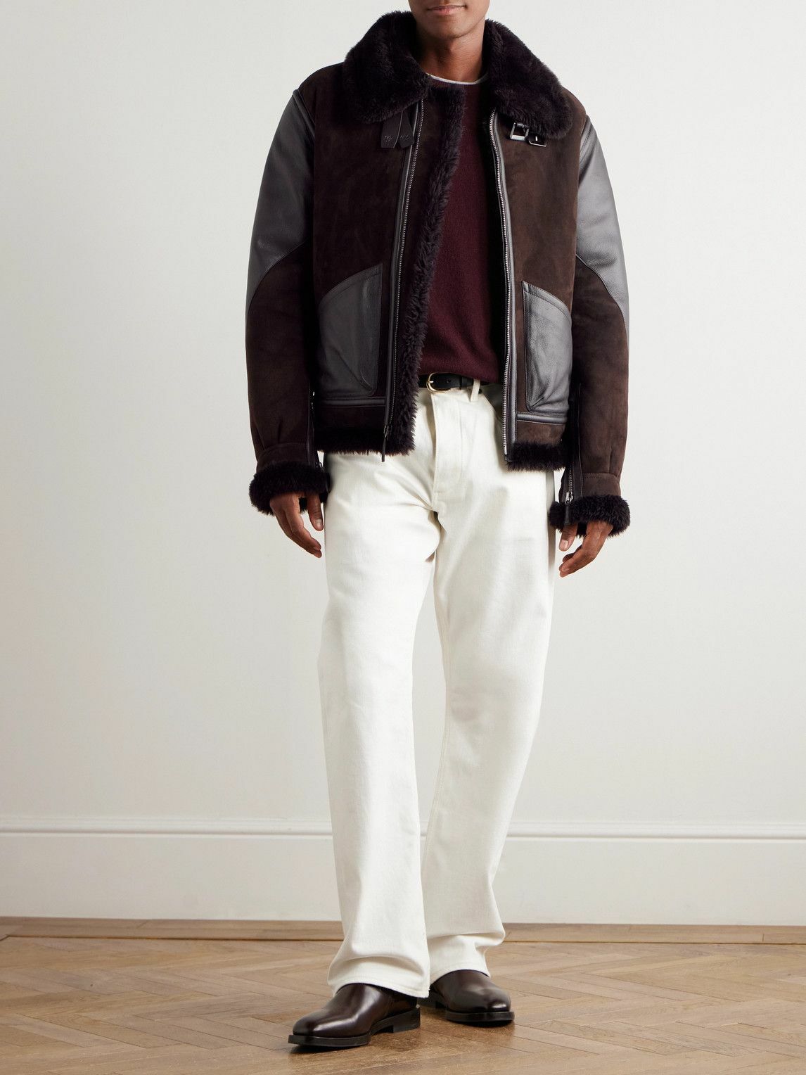 Ralph Lauren Purple label - Lutton Aviator Leather-Trimmed Shearling Jacket - Brown