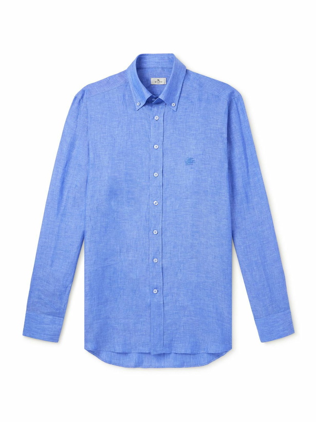 Photo: Etro - Logo-Embroidered Linen Shirt - Blue