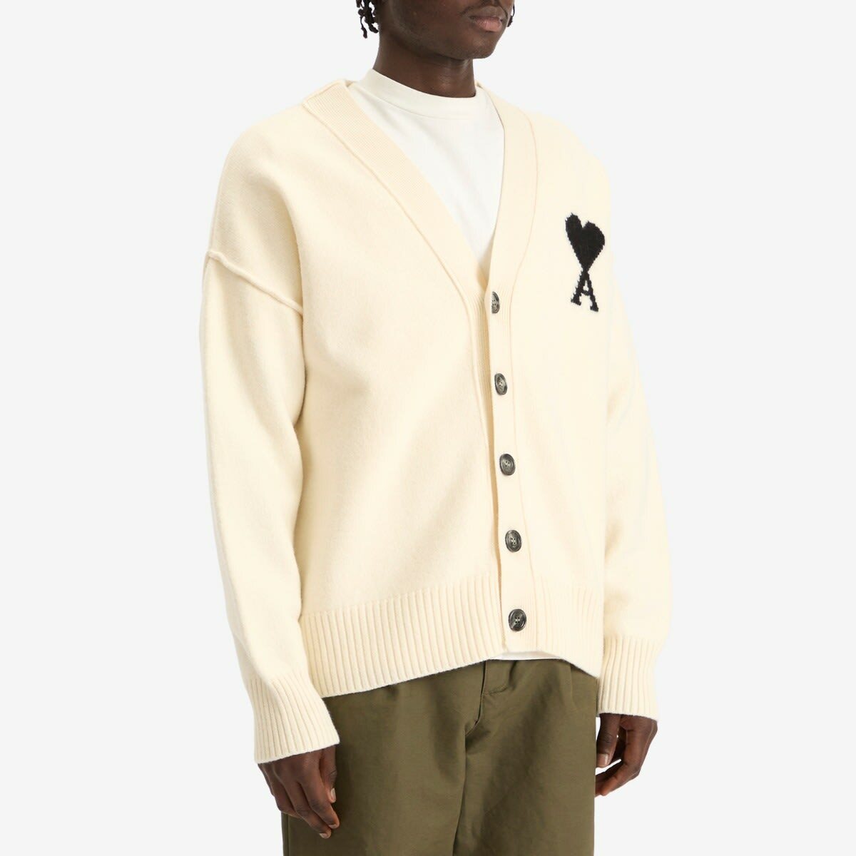 AMI Paris Men's Felted Merino Wool Knit ADC Cardigan in Ecru/Noir AMI