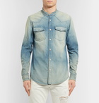 Balmain - Grandad-Collar Logo-Embroidered Distressed Denim Shirt - Blue