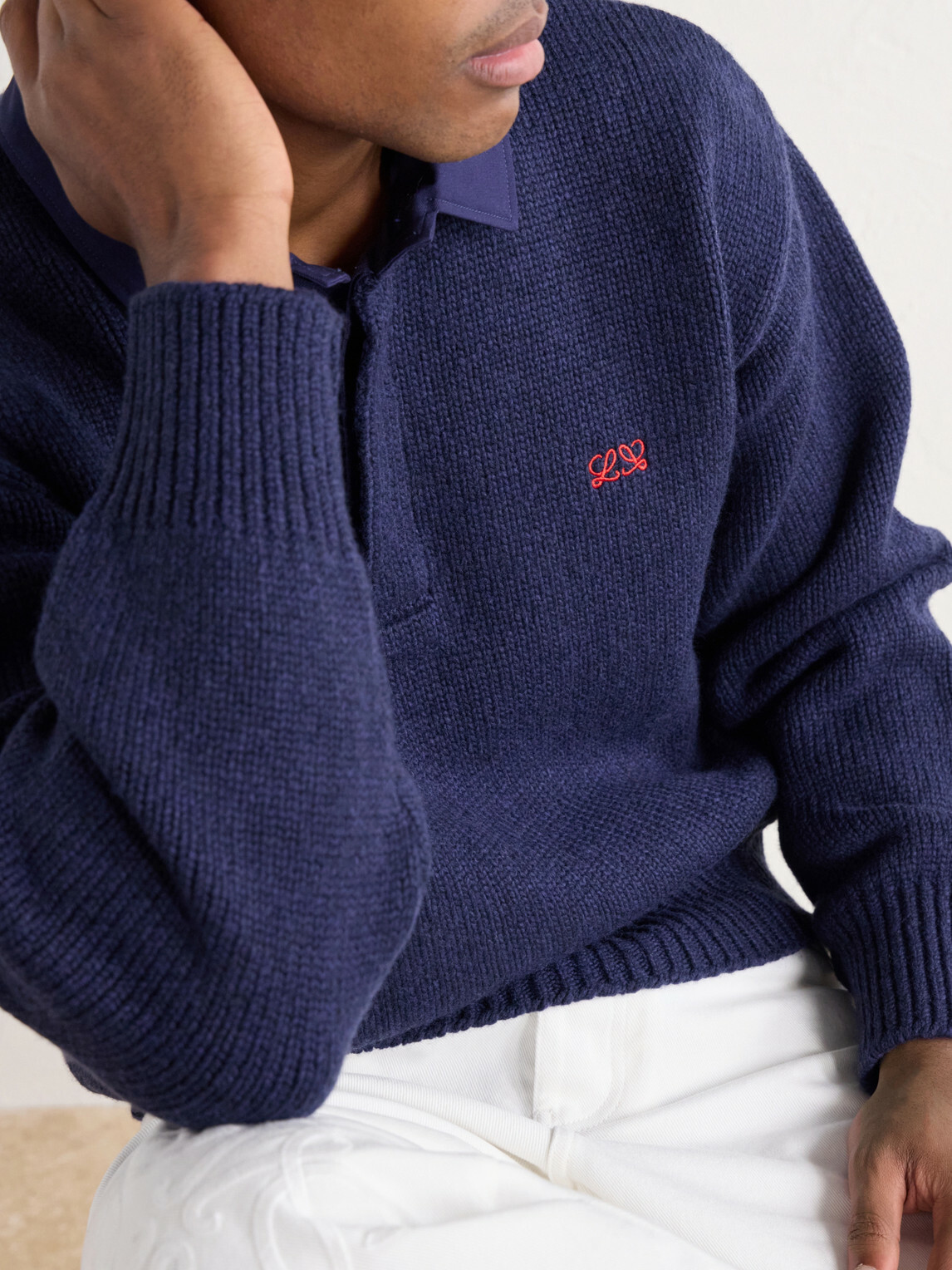 LOEWE - Logo-Embroidered Cotton Twill-Trimmed Wool-Blend Polo Sweater - Blue
