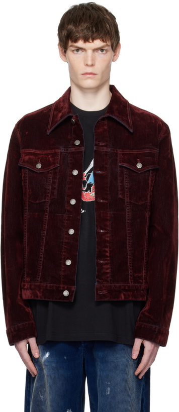 Photo: COÛT DE LA LIBERTÉ Burgundy Johnny Stretch Suede Denim Trucker Jacket