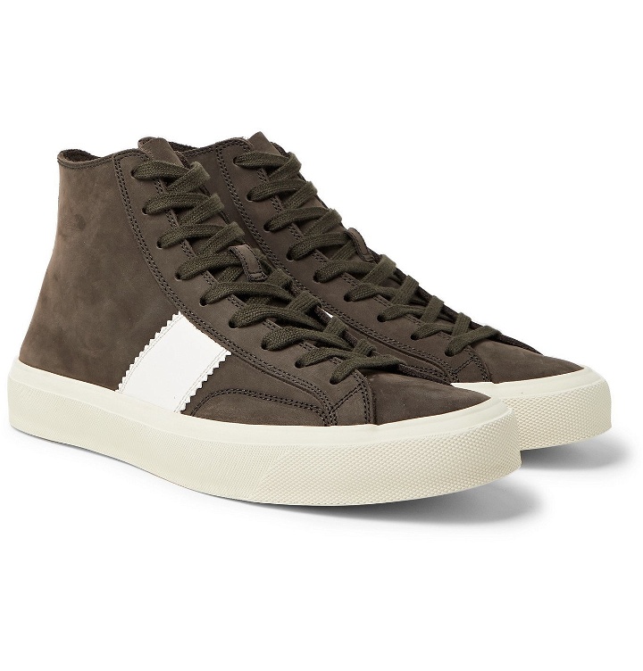 Photo: TOM FORD - Cambridge Leather-Trimmed Nubuck High-Top Sneakers - Brown