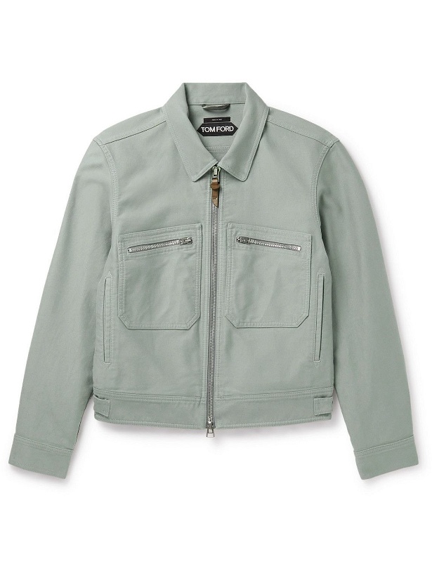 Photo: TOM FORD - Leather-Trimmed Garment-Washed Denim Blouson Jacket - Green