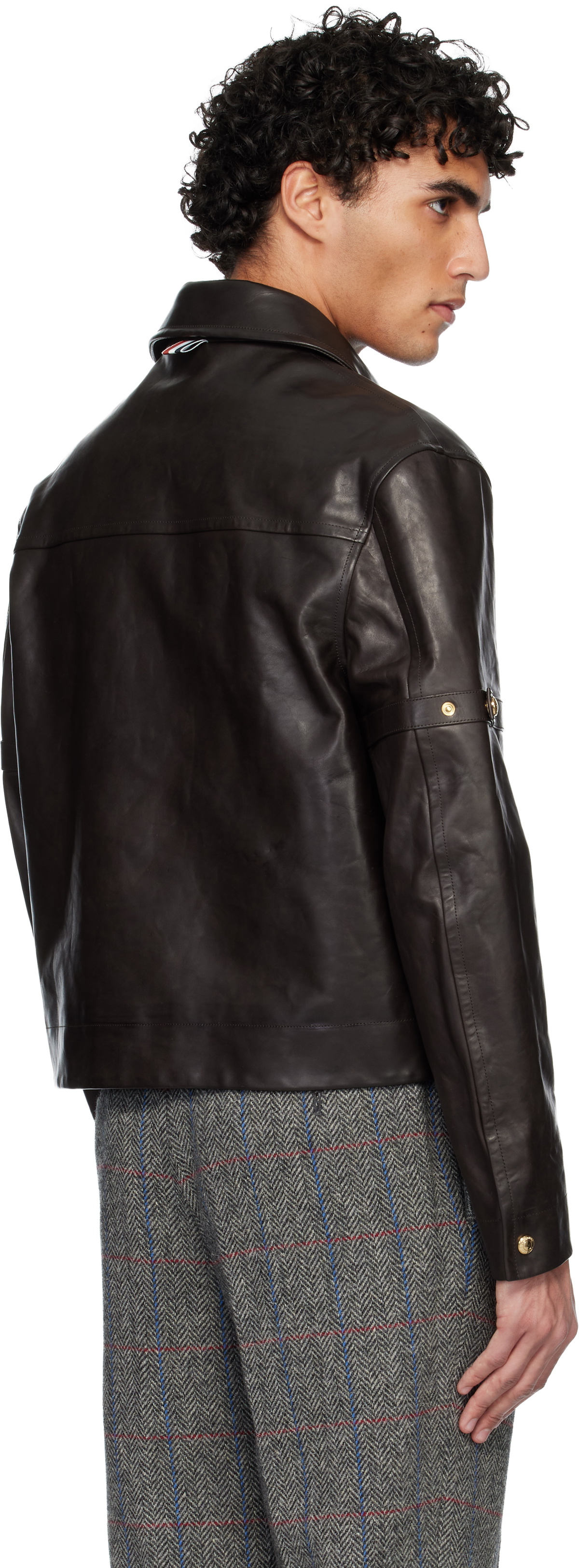 Thom Browne Brown Zip Front Armband Leather Jacket
