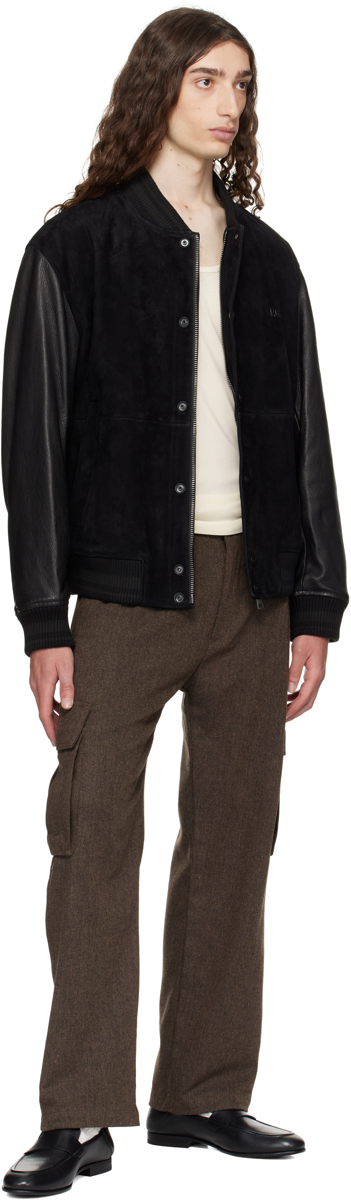 Hugo Black Embossed-Logo Leather Bomber Jacket