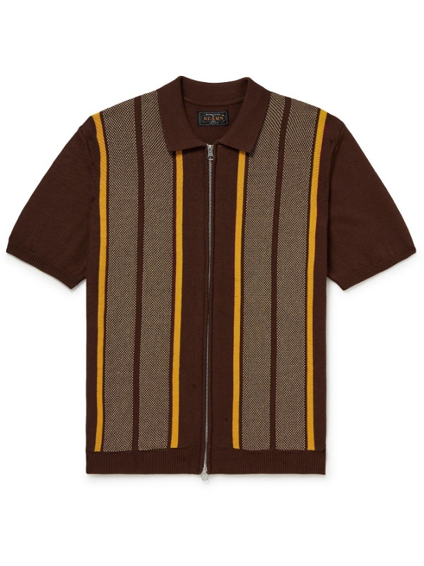 Photo: BEAMS PLUS - Slim-Fit Striped Cotton and Linen-Blend Zip-Up Polo Shirt - Brown