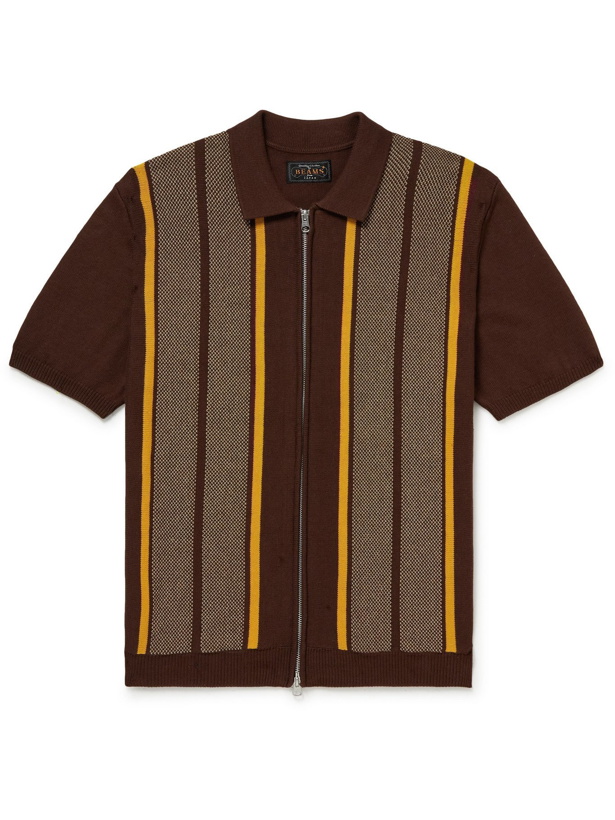 Photo: BEAMS PLUS - Slim-Fit Striped Cotton and Linen-Blend Zip-Up Polo Shirt - Brown