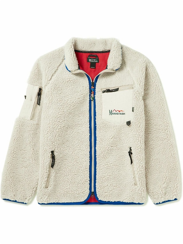 Photo: MANASTASH - Mt. Gorilla Logo-Embroidered Denim-Trimmed Fleece Jacket - White