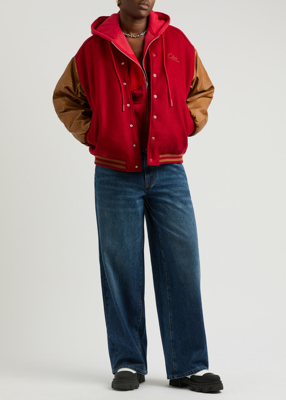 House OF Sunny The Club Panelled Felt Varsity Jacket Red