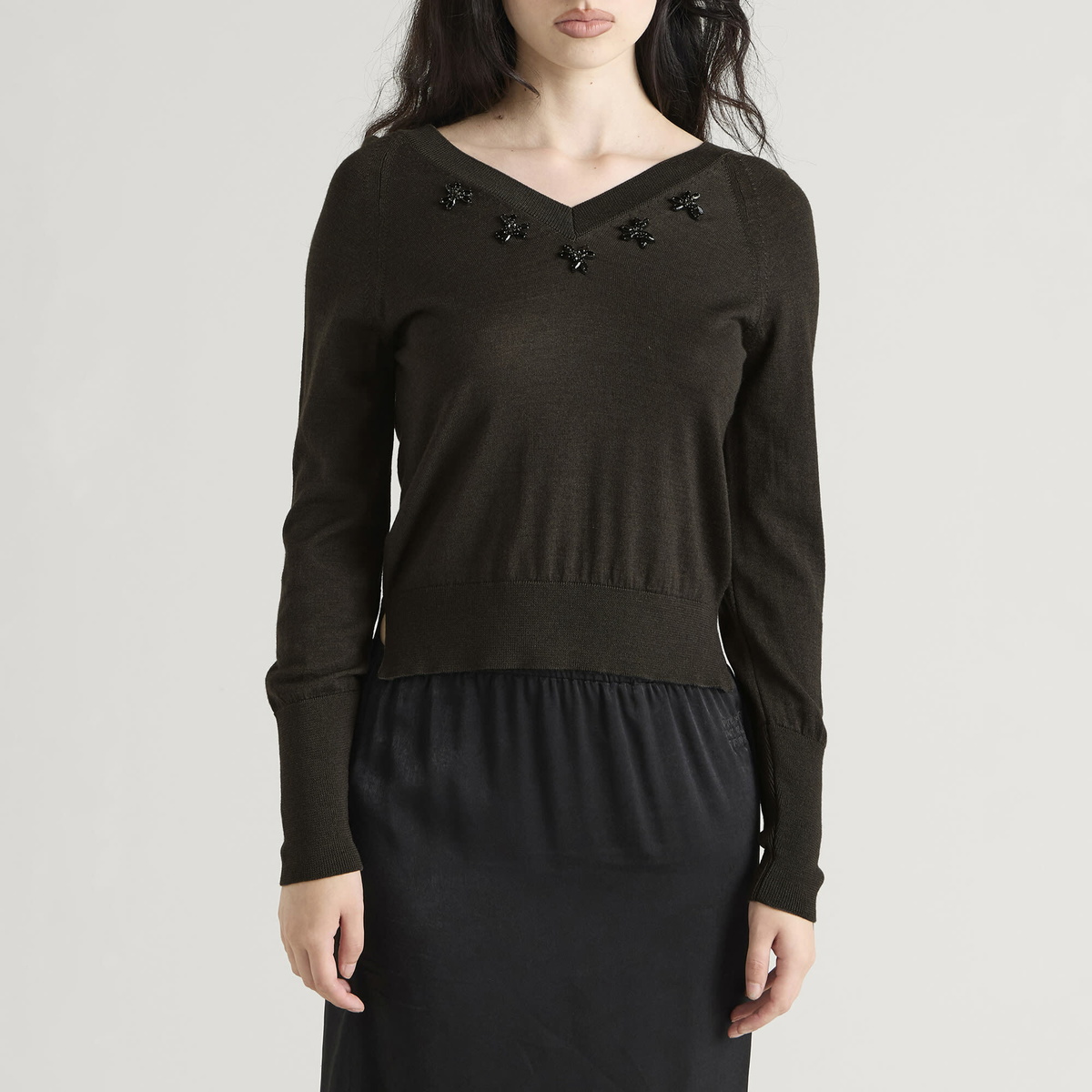 Simone Rocha Women's Merino Silk Double V-Neck Jumper in Moss/Jet