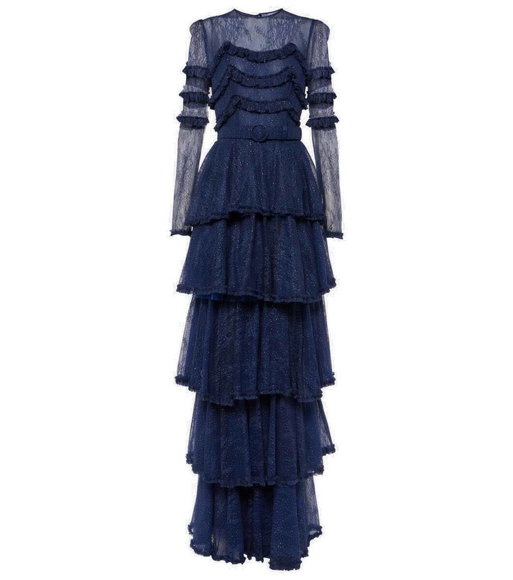 Photo: Costarellos Frill-trimmed tiered lace gown