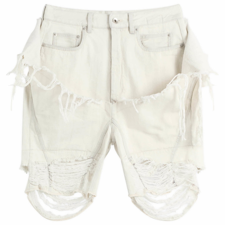 Photo: Rick Owens DRKSHDW Women's Slivered Tight Cut Off Jean Shorts in Milk Wash