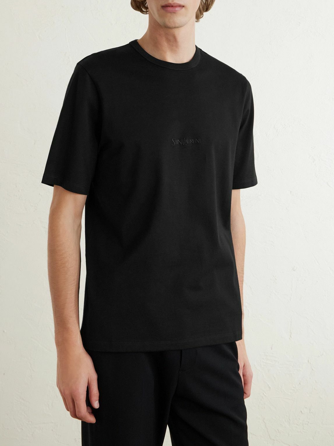 SAINT LAURENT - Logo-Embroidered Cotton-Jersey T-Shirt - Black