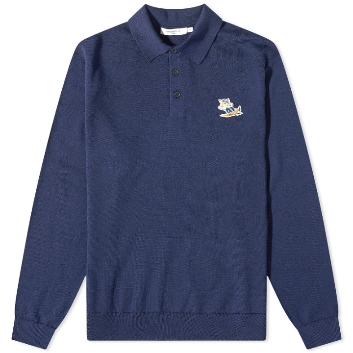 Photo: Maison Kitsuné Men's Dressed Fox Patch Knitted Polo Shirt in Navy