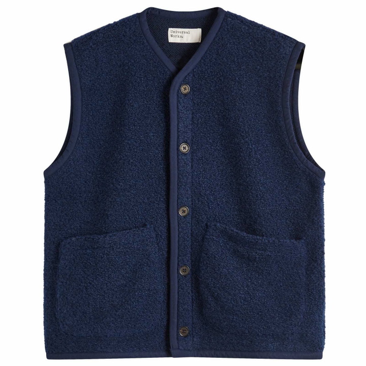 Photo: Universal Works Men's Boucle Alvar Fleece Lancaster Gilet in Navy