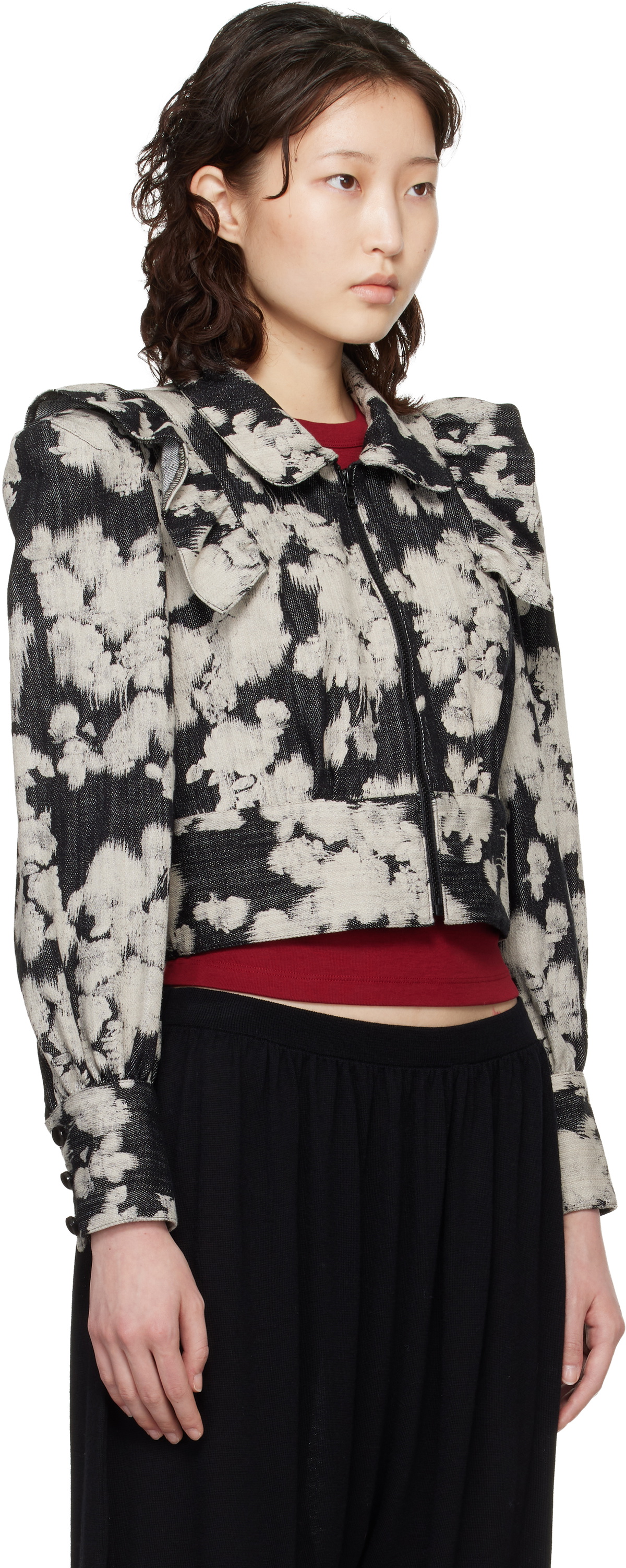 Anna Sui Black & Off-White Cropped Ruffle Jacket
